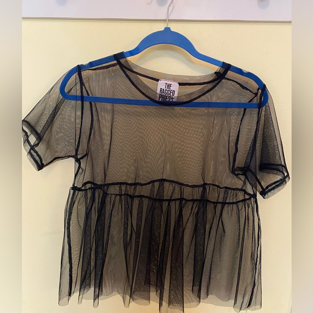 The Ragged Priest Black Sheer Mesh Top with Peplum Detail